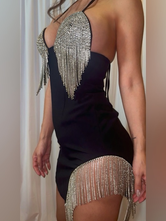 Miss Circle New York Dresses & Skirts - Miss Circle Black Crystal Fringe Mini Dress – Halter, Backless – XS